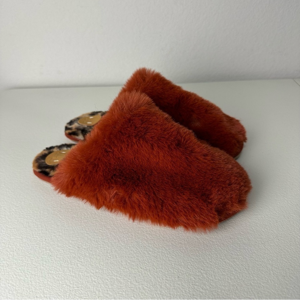Anthropologie Orange Leopard Fuzzy Slip On Slippers Size Small/Medium